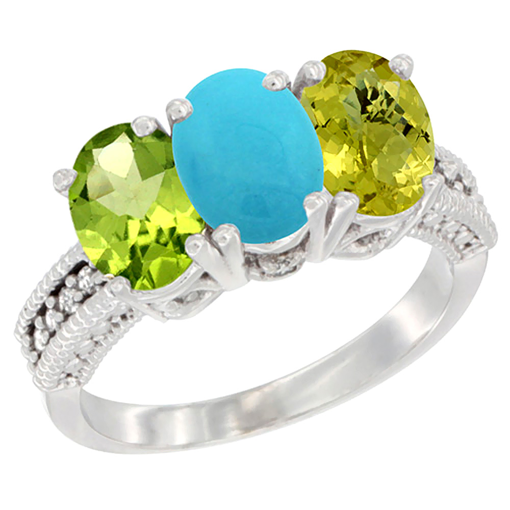 14K White Gold Natural Peridot, Turquoise &amp; Lemon Quartz Ring 3-Stone Oval 7x5 mm Diamond Accent, sizes 5 - 10