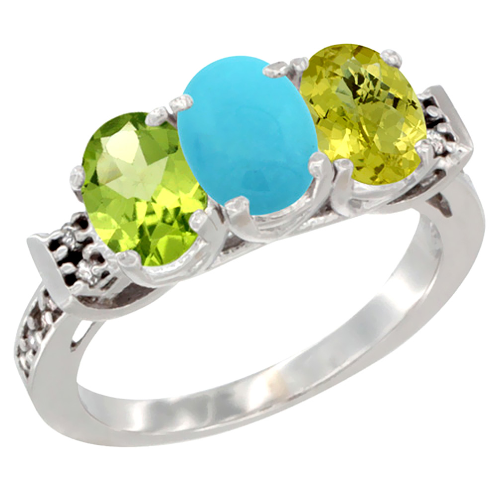 14K White Gold Natural Peridot, Turquoise & Lemon Quartz Ring 3-Stone Oval 7x5 mm Diamond Accent, sizes 5 - 10