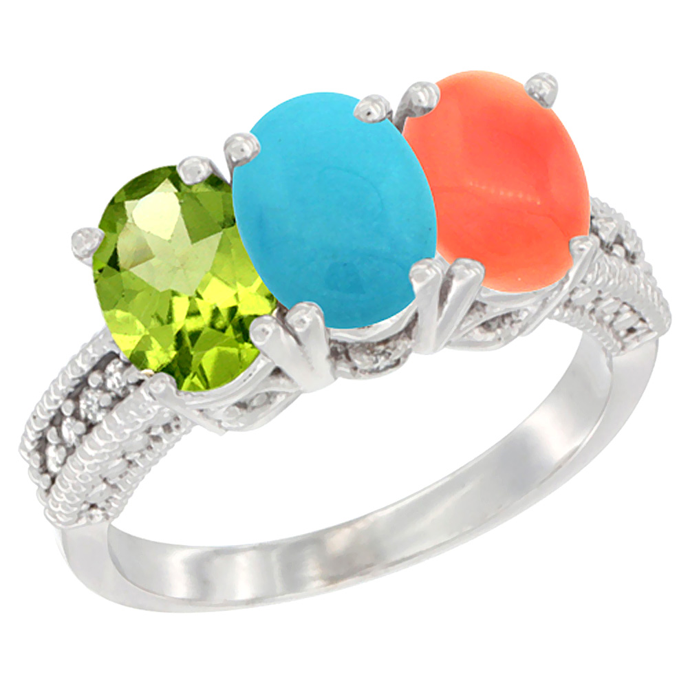 10K White Gold Natural Peridot, Turquoise & Coral Ring 3-Stone Oval 7x5 mm Diamond Accent, sizes 5 - 10