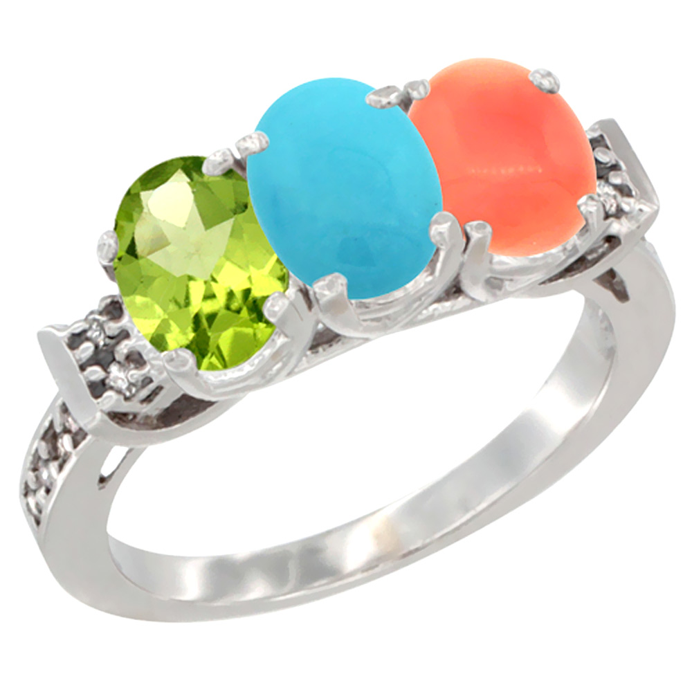 14K White Gold Natural Peridot, Turquoise &amp; Coral Ring 3-Stone Oval 7x5 mm Diamond Accent, sizes 5 - 10