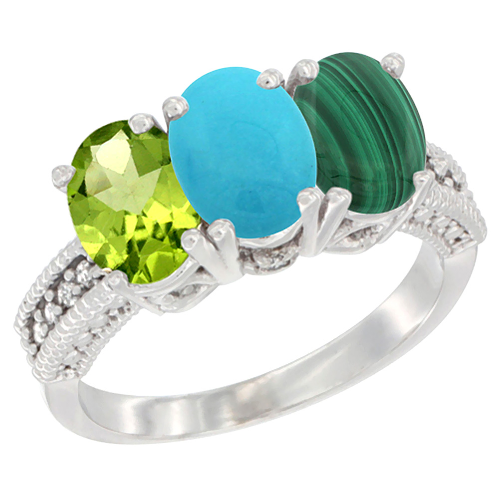 10K White Gold Natural Peridot, Turquoise & Malachite Ring 3-Stone Oval 7x5 mm Diamond Accent, sizes 5 - 10