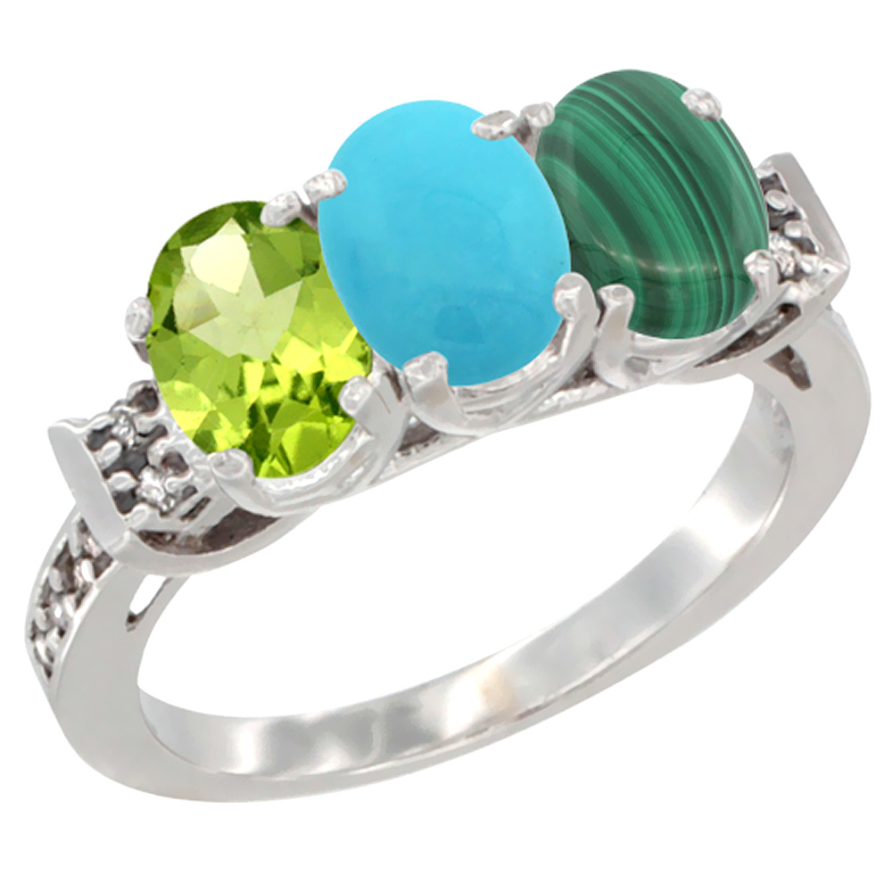 10K White Gold Natural Peridot, Turquoise & Malachite Ring 3-Stone Oval 7x5 mm Diamond Accent, sizes 5 - 10