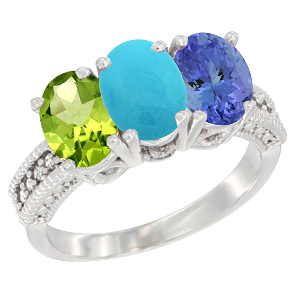 14K White Gold Natural Peridot, Turquoise &amp; Tanzanite Ring 3-Stone Oval 7x5 mm Diamond Accent, sizes 5 - 10