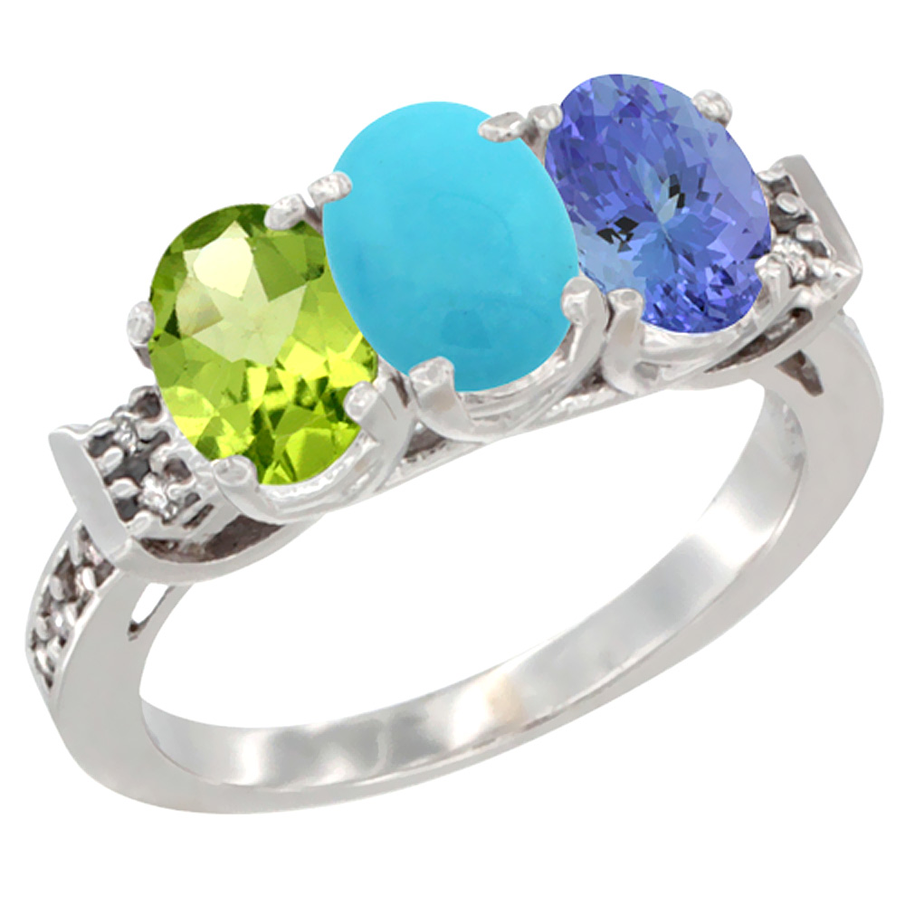 14K White Gold Natural Peridot, Turquoise &amp; Tanzanite Ring 3-Stone Oval 7x5 mm Diamond Accent, sizes 5 - 10