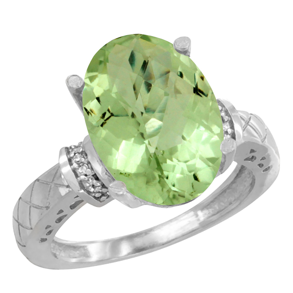 14K White Gold Diamond Natural Peridot Ring Oval 14x10mm, sizes 5-10