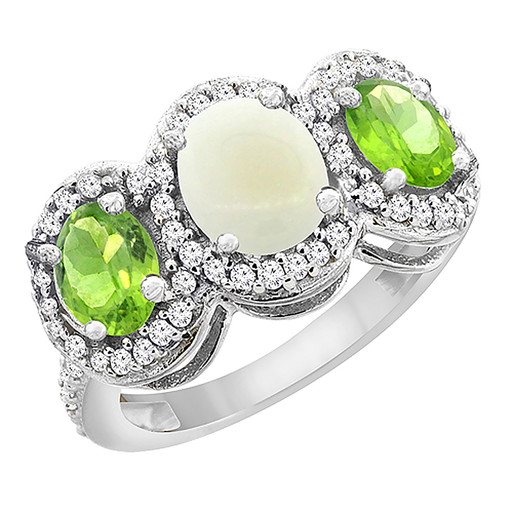 14K White Gold Natural Opal &amp; Peridot 3-Stone Ring Oval Diamond Accent, sizes 5 - 10