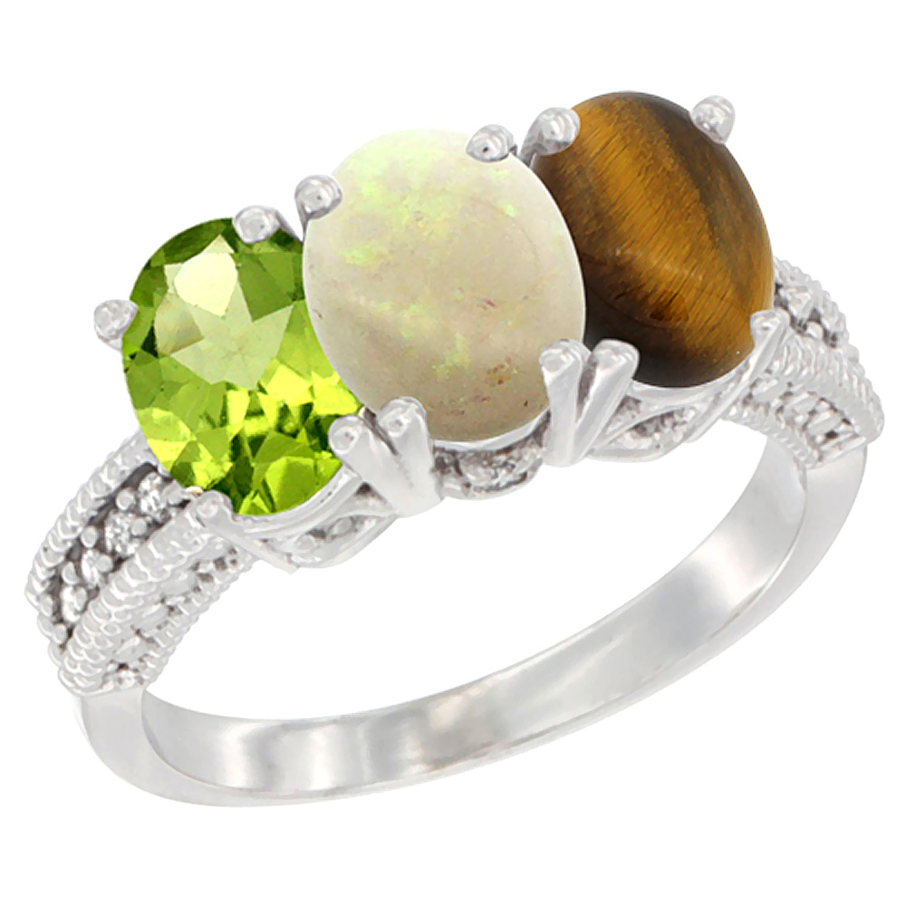 10K White Gold Natural Peridot, Opal & Tiger Eye Ring 3-Stone Oval 7x5 mm Diamond Accent, sizes 5 - 10