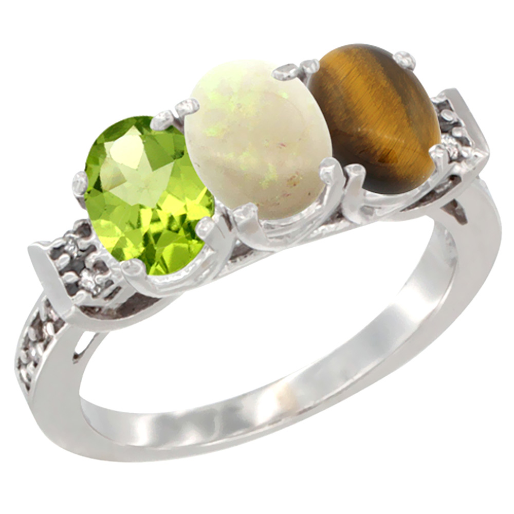 10K White Gold Natural Peridot, Opal & Tiger Eye Ring 3-Stone Oval 7x5 mm Diamond Accent, sizes 5 - 10