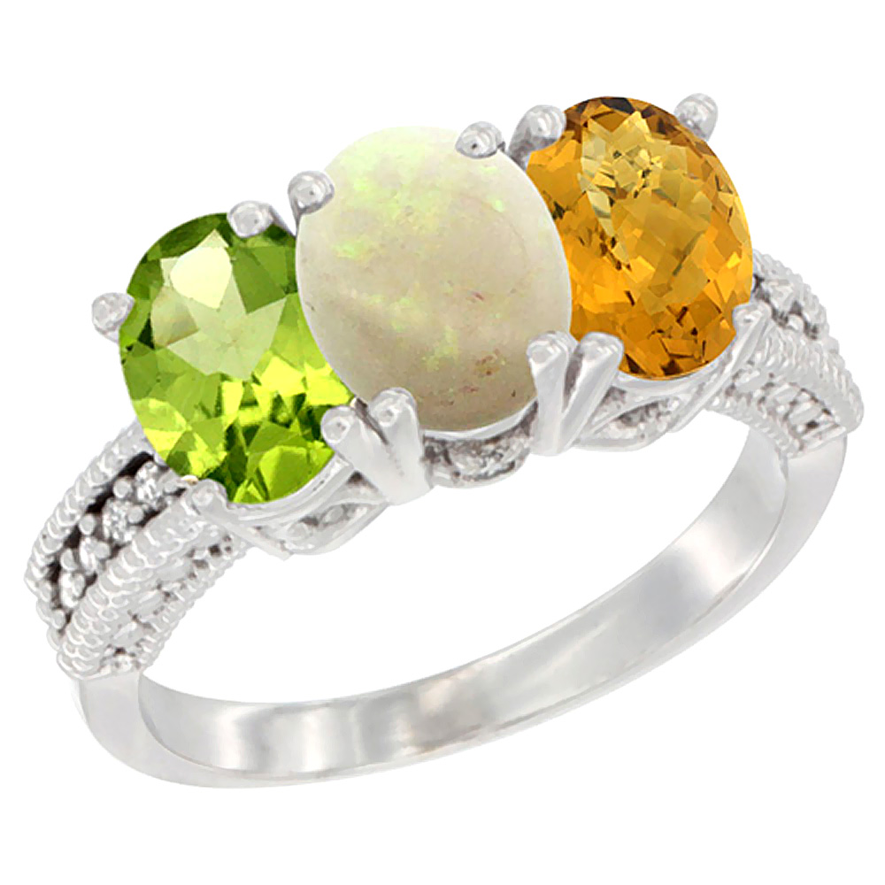 14K White Gold Natural Peridot, Opal & Whisky Quartz Ring 3-Stone Oval 7x5 mm Diamond Accent, sizes 5 - 10