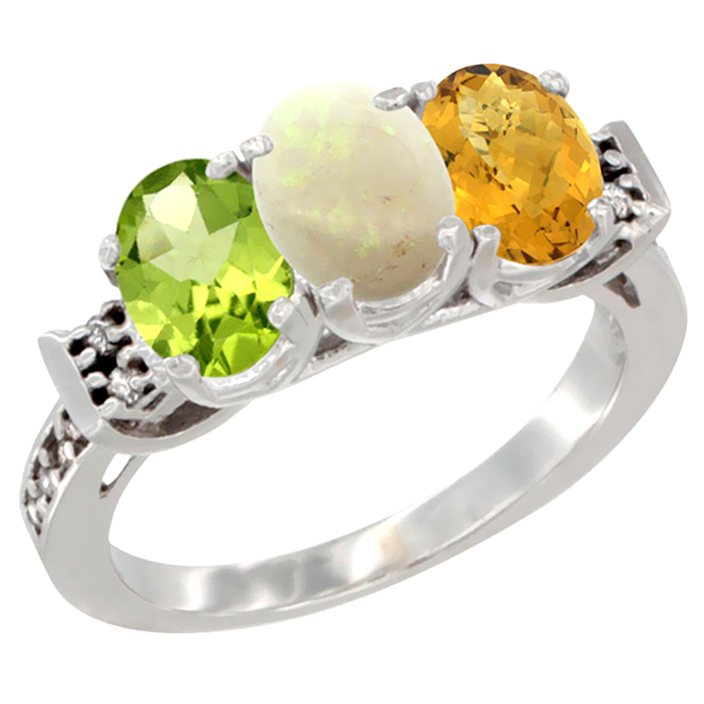 14K White Gold Natural Peridot, Opal & Whisky Quartz Ring 3-Stone Oval 7x5 mm Diamond Accent, sizes 5 - 10