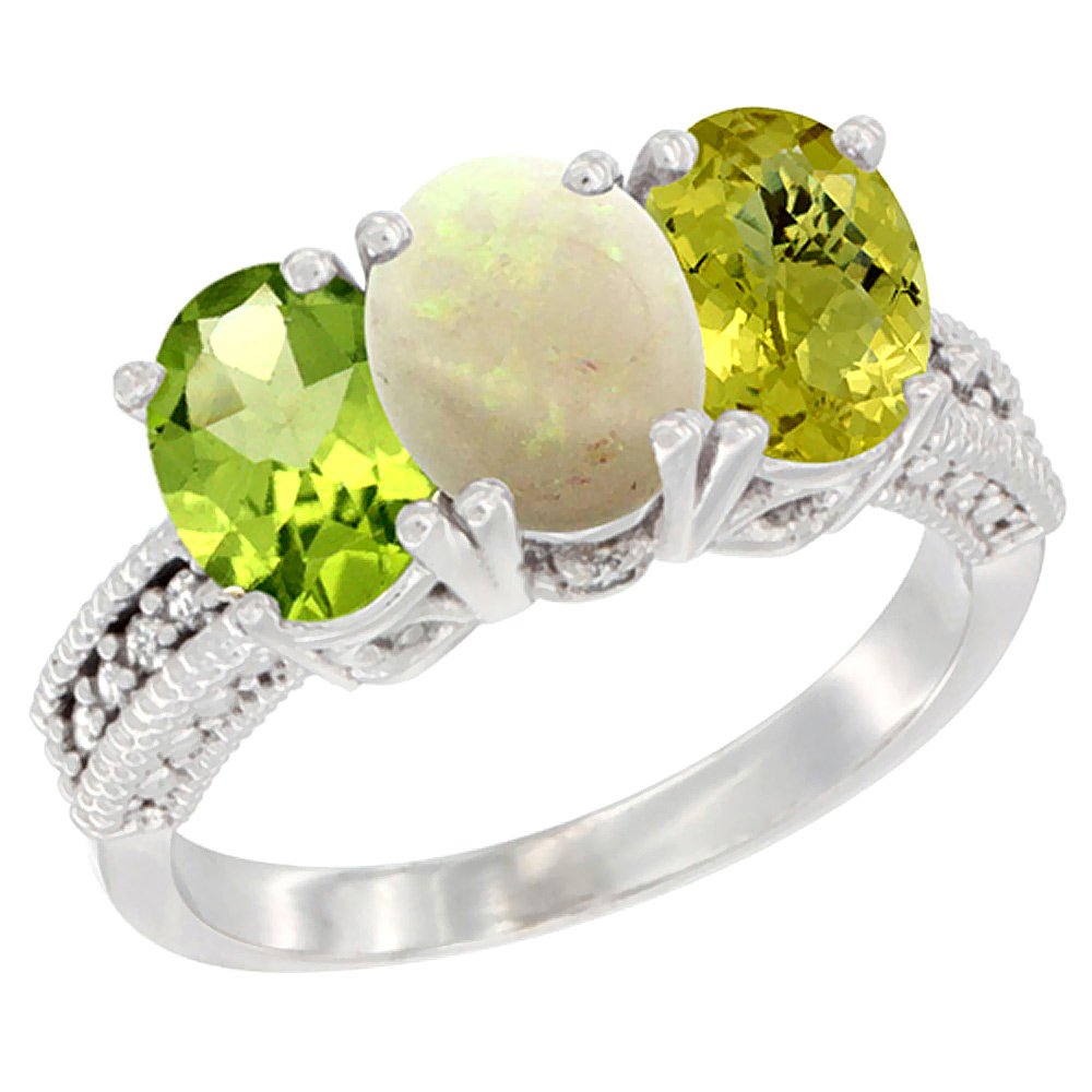 10K White Gold Natural Peridot, Opal &amp; Lemon Quartz Ring 3-Stone Oval 7x5 mm Diamond Accent, sizes 5 - 10