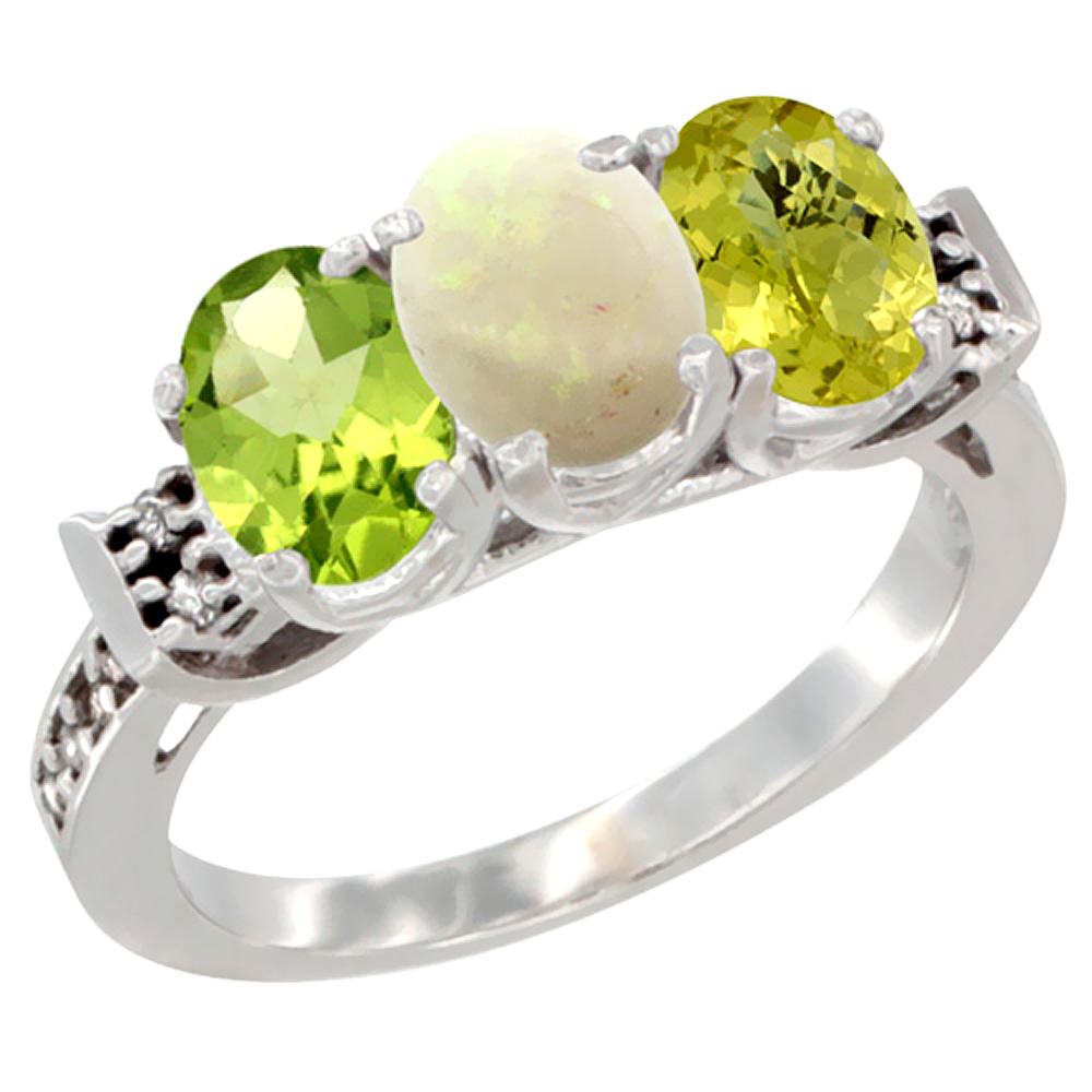 10K White Gold Natural Peridot, Opal &amp; Lemon Quartz Ring 3-Stone Oval 7x5 mm Diamond Accent, sizes 5 - 10