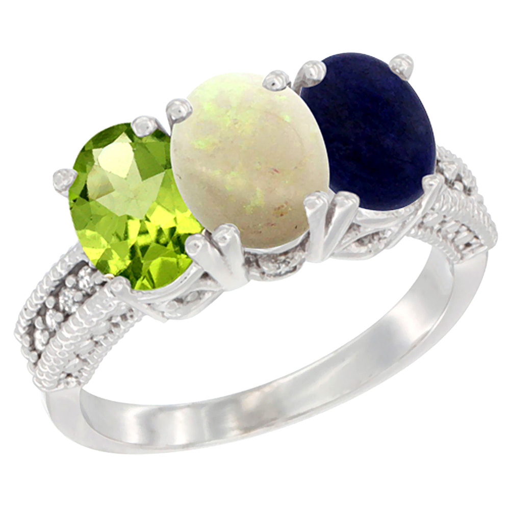 10K White Gold Natural Peridot, Opal &amp; Lapis Ring 3-Stone Oval 7x5 mm Diamond Accent, sizes 5 - 10