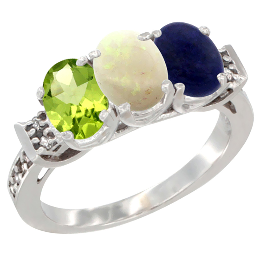 14K White Gold Natural Peridot, Opal & Lapis Ring 3-Stone Oval 7x5 mm Diamond Accent, sizes 5 - 10