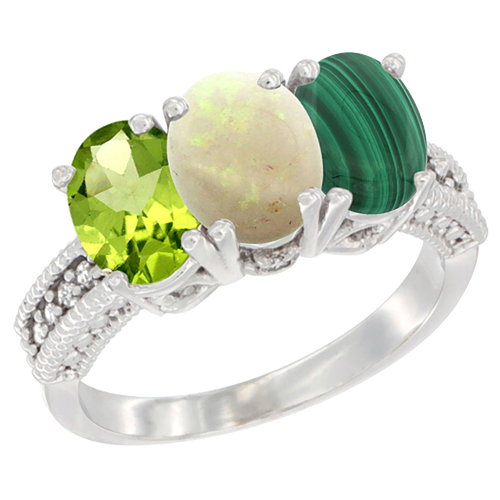 10K White Gold Natural Peridot, Opal & Malachite Ring 3-Stone Oval 7x5 mm Diamond Accent, sizes 5 - 10