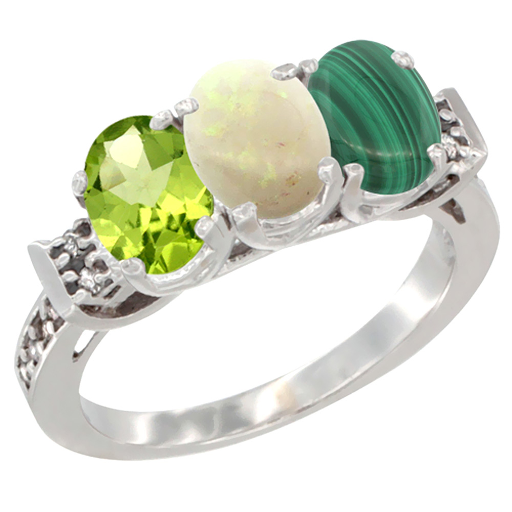 10K White Gold Natural Peridot, Opal &amp; Malachite Ring 3-Stone Oval 7x5 mm Diamond Accent, sizes 5 - 10