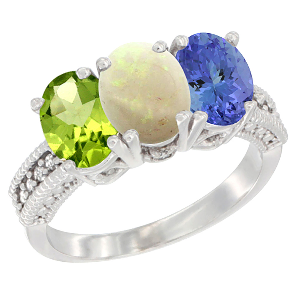 14K White Gold Natural Peridot, Opal & Tanzanite Ring 3-Stone Oval 7x5 mm Diamond Accent, sizes 5 - 10