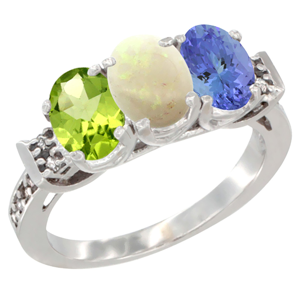 10K White Gold Natural Peridot, Opal &amp; Tanzanite Ring 3-Stone Oval 7x5 mm Diamond Accent, sizes 5 - 10