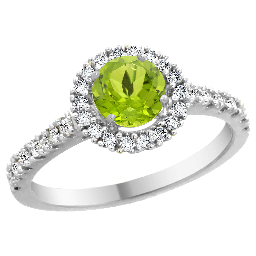 14K White Gold Diamond Halo Natural Peridot Ring Round 6mm, sizes 5 - 10