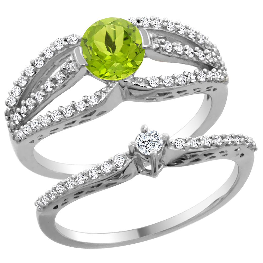 14K White Gold Natural Peridot 2-piece Engagement Ring Set Round 5mm, sizes 5 - 10