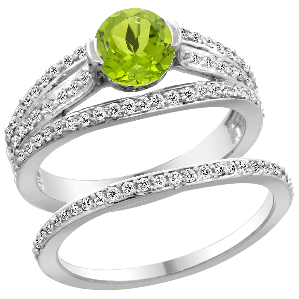 14K White Gold Natural Peridot 2-piece Engagement Ring Set Round 6mm, sizes 5 - 10