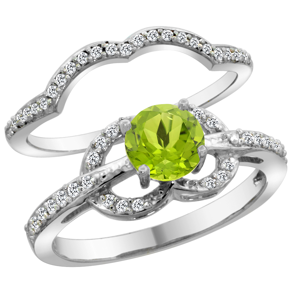 14K White Gold Natural Peridot 2-piece Engagement Ring Set Round 6mm, sizes 5 - 10