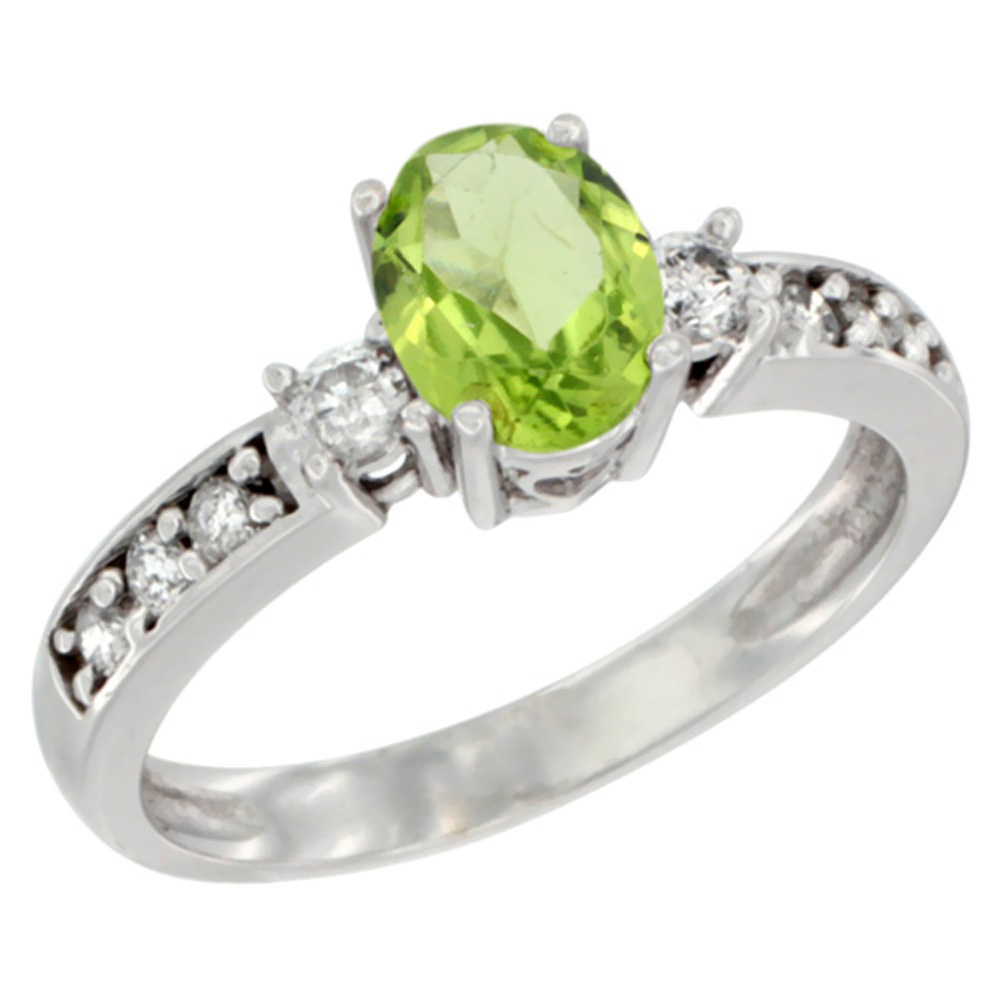 10k Yellow Gold Natural Peridot Ring Oval 7x5 mm Diamond Accent, sizes 5 - 10