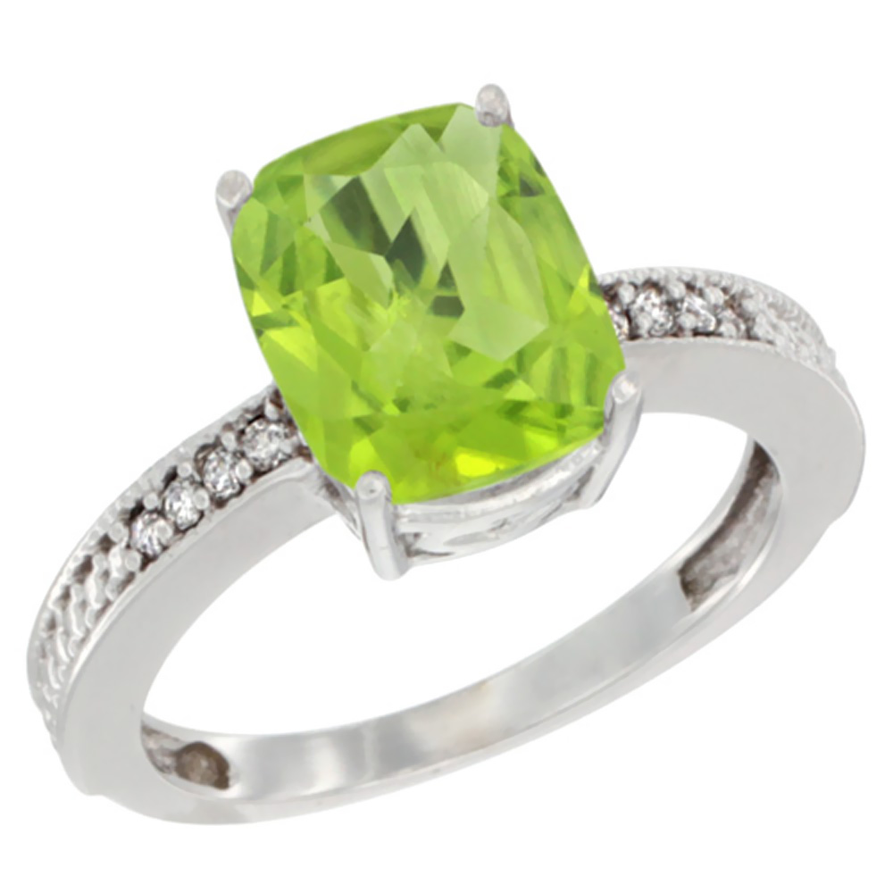 14K White Gold Diamond Cushion 10x8 mm Natural Peridot Stone Ring, sizes 5 - 10