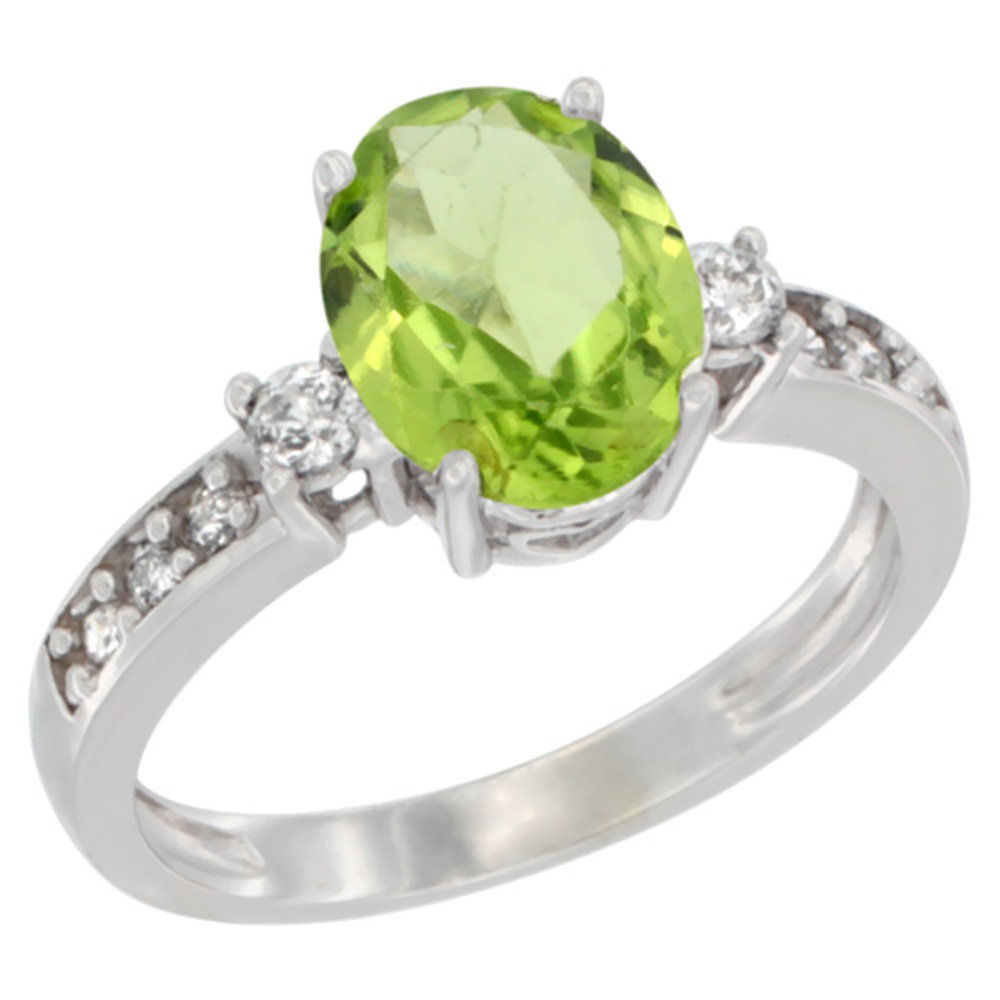 14K Yellow Gold Natural Peridot Ring Oval 9x7 mm Diamond Accent, sizes 5 - 10