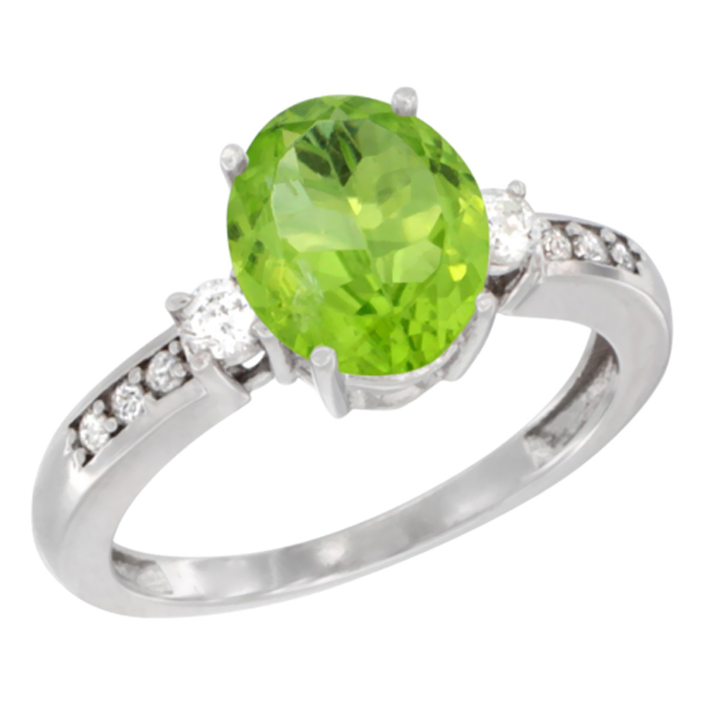 14K Yellow Gold Natural Peridot Ring Oval 9x7 mm Diamond Accent, sizes 5 - 10