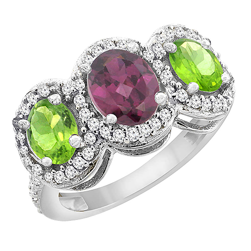 10K White Gold Natural Rhodolite &amp; Peridot 3-Stone Ring Oval Diamond Accent, sizes 5 - 10