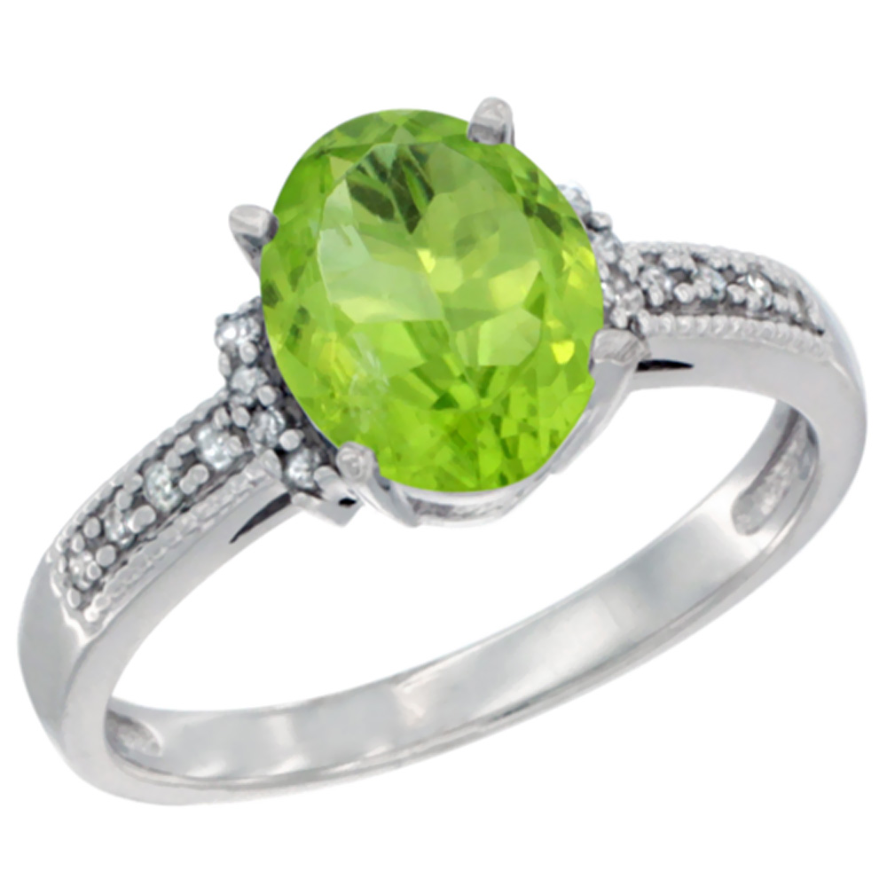 14K Yellow Gold Natural Peridot Ring Oval 9x7 mm Diamond Accent, sizes 5 - 10