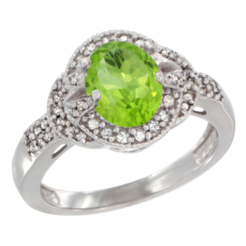 14K Yellow Gold Natural Peridot Ring Oval 8x6 mm Diamond Accent, sizes 5 - 10