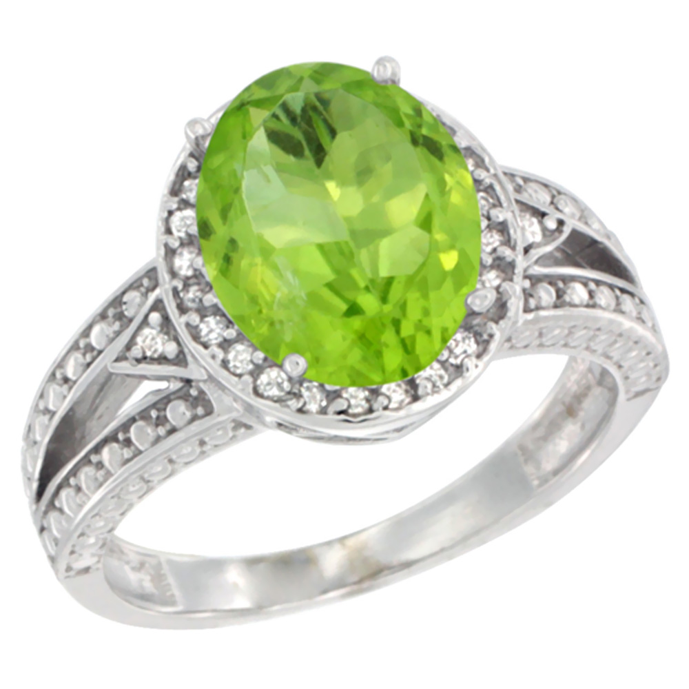 10k White Gold Natural Peridot Ring Oval 9x7 mm Diamond Halo, sizes 5 - 10