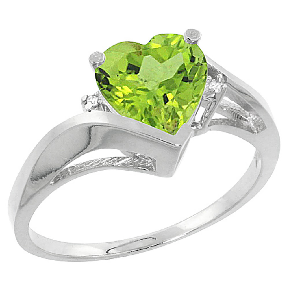 14K White Gold Natural Peridot Heart Ring 7mm Diamond Accent, sizes 5 - 10