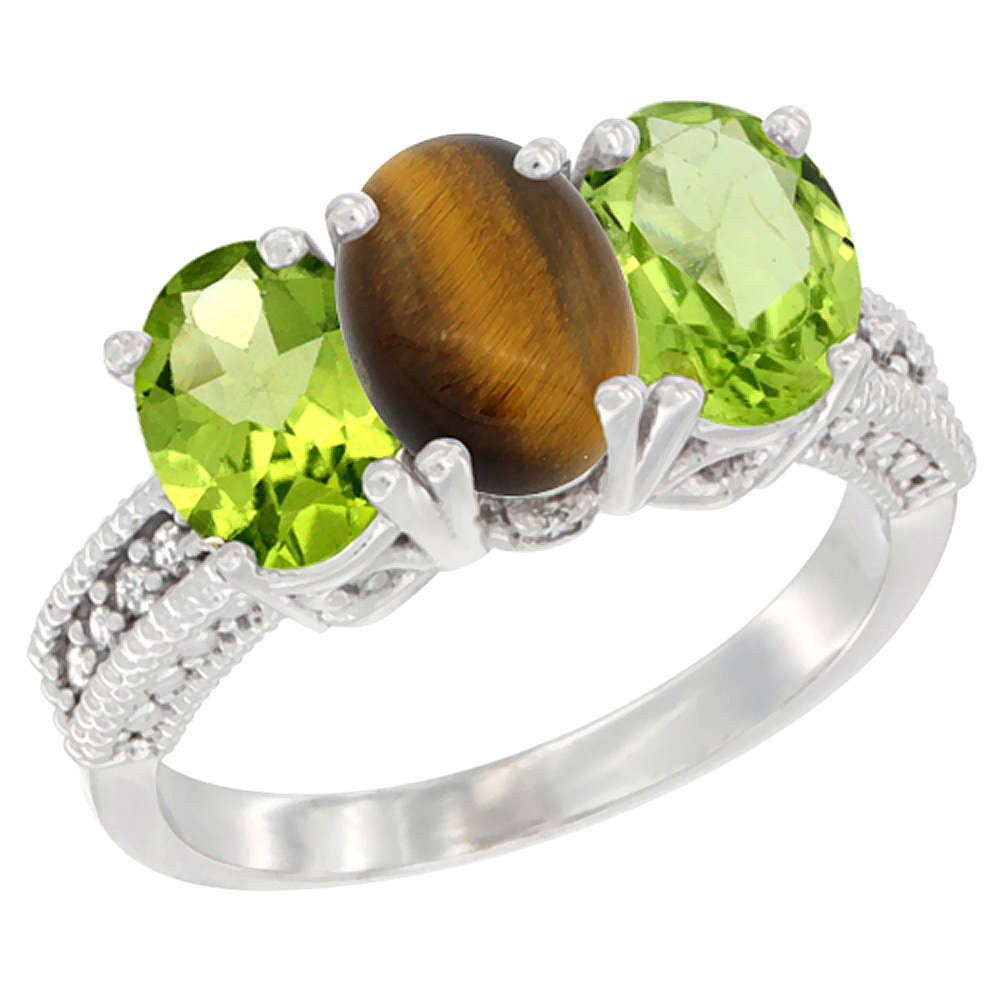 14K White Gold Natural Tiger Eye & Peridot Sides Ring 3-Stone Oval 7x5 mm Diamond Accent, sizes 5 - 10