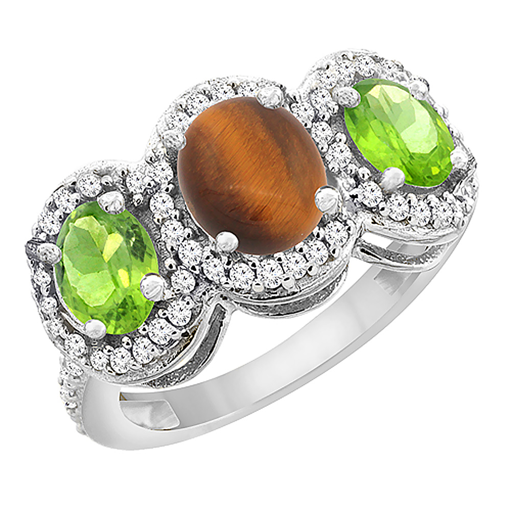 14K White Gold Natural Tiger Eye & Peridot 3-Stone Ring Oval Diamond Accent, sizes 5 - 10