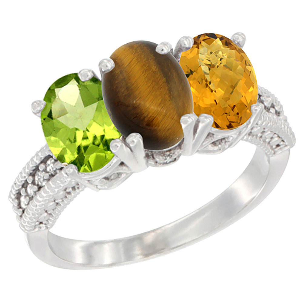 14K White Gold Natural Peridot, Tiger Eye & Whisky Quartz Ring 3-Stone Oval 7x5 mm Diamond Accent, sizes 5 - 10