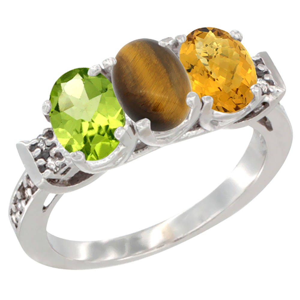 14K White Gold Natural Peridot, Tiger Eye & Whisky Quartz Ring 3-Stone Oval 7x5 mm Diamond Accent, sizes 5 - 10