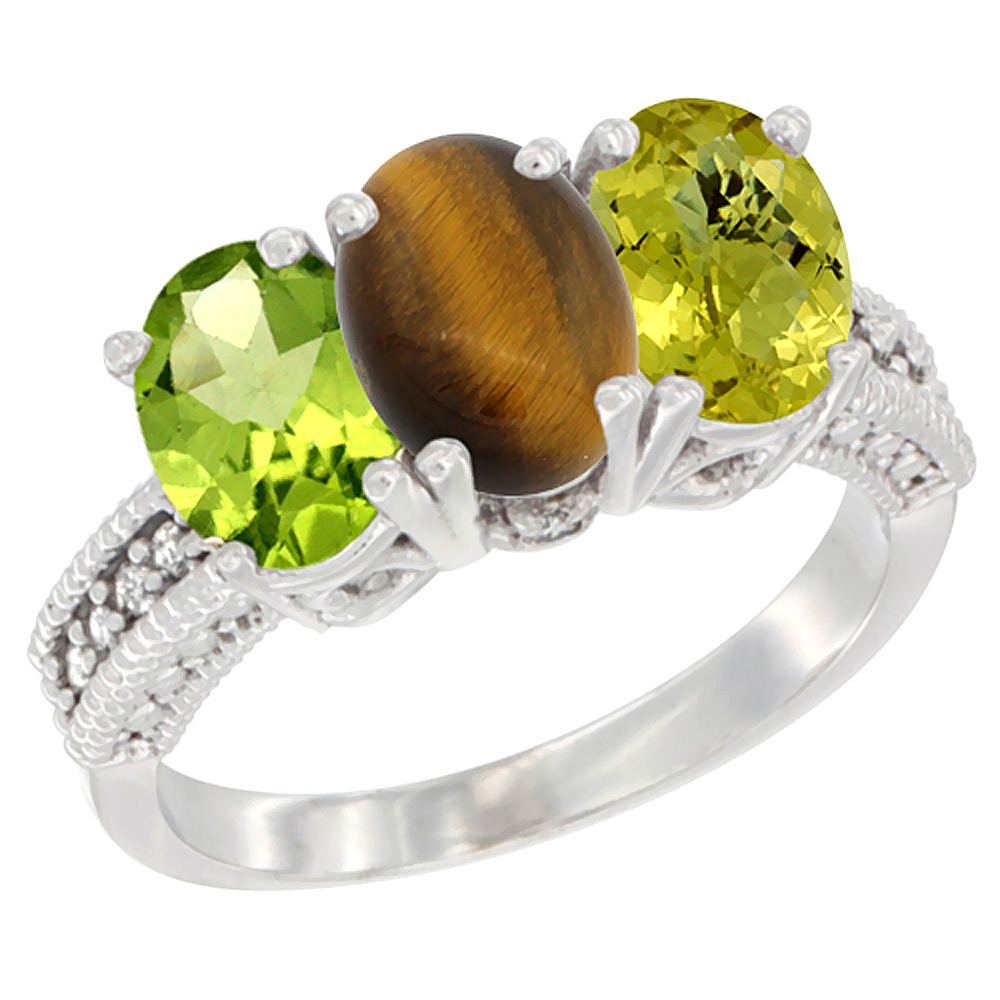 10K White Gold Natural Peridot, Tiger Eye & Lemon Quartz Ring 3-Stone Oval 7x5 mm Diamond Accent, sizes 5 - 10