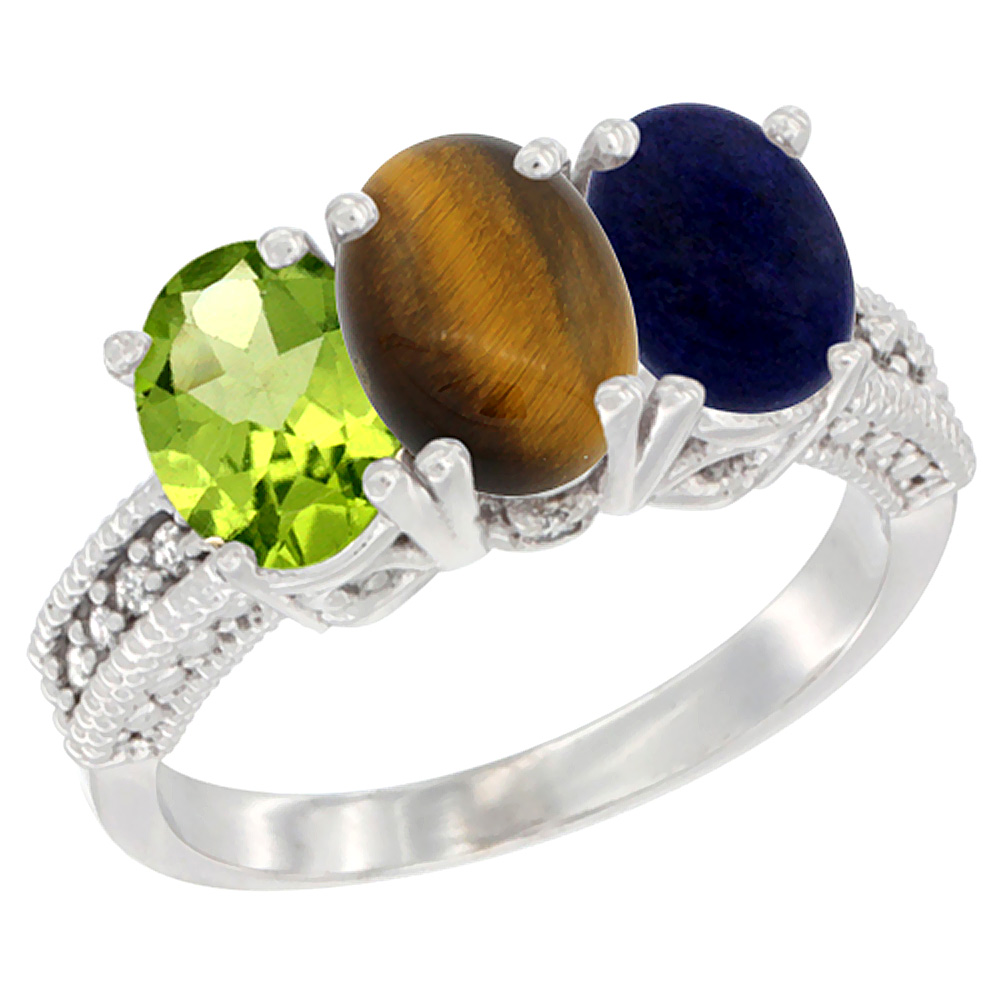 10K White Gold Natural Peridot, Tiger Eye & Lapis Ring 3-Stone Oval 7x5 mm Diamond Accent, sizes 5 - 10