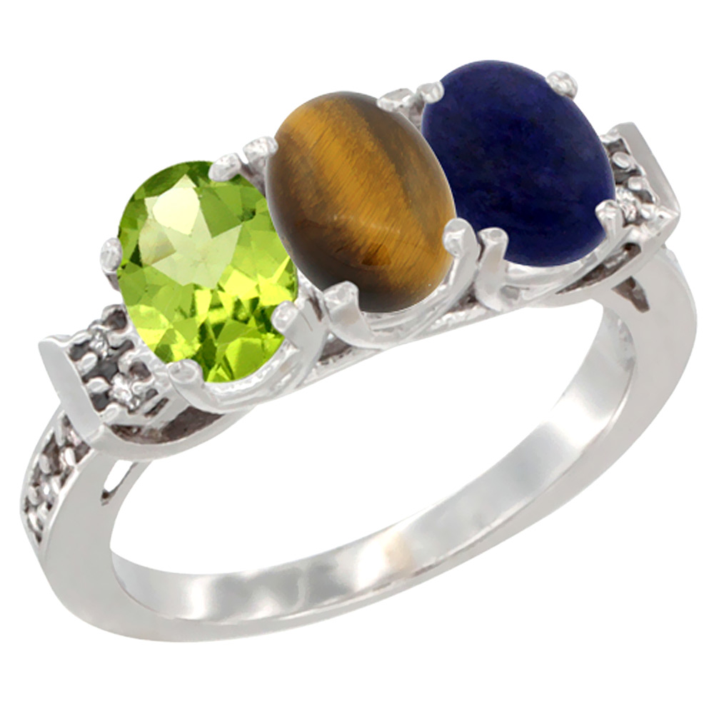 14K White Gold Natural Peridot, Tiger Eye & Lapis Ring 3-Stone Oval 7x5 mm Diamond Accent, sizes 5 - 10