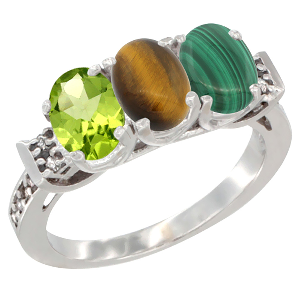 10K White Gold Natural Peridot, Tiger Eye & Malachite Ring 3-Stone Oval 7x5 mm Diamond Accent, sizes 5 - 10