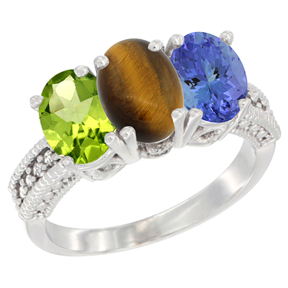 14K White Gold Natural Peridot, Tiger Eye & Tanzanite Ring 3-Stone Oval 7x5 mm Diamond Accent, sizes 5 - 10