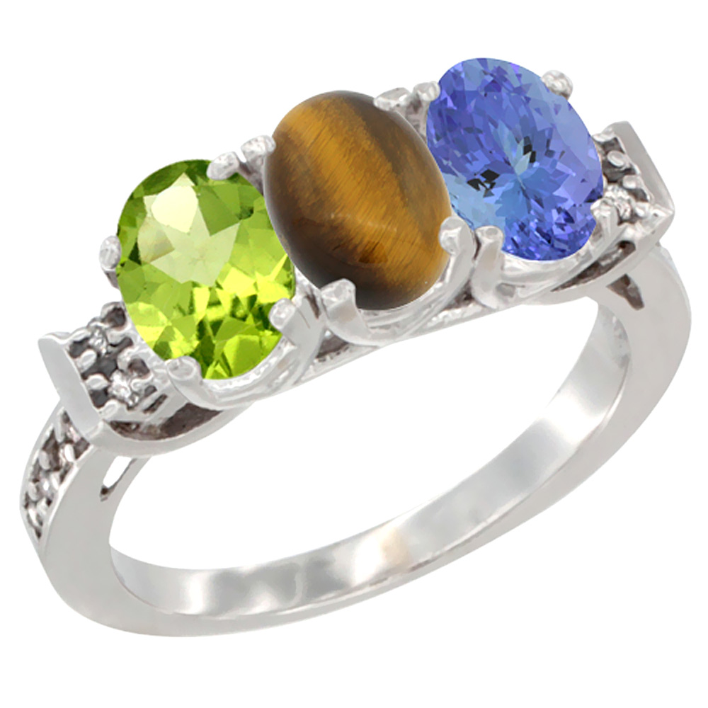 14K White Gold Natural Peridot, Tiger Eye & Tanzanite Ring 3-Stone Oval 7x5 mm Diamond Accent, sizes 5 - 10