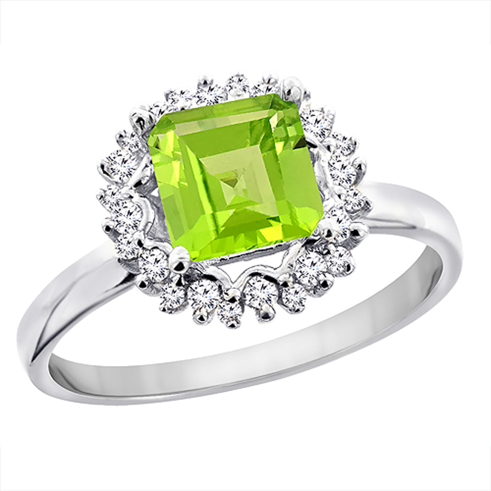 10K White Gold Natural Peridot Ring Square 6x6 mm Diamond Accents, sizes 5 - 10