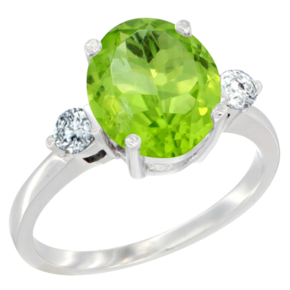 10K White Gold 10x8mm Oval Natural Peridot Ring for Women Diamond Side-stones sizes 5 - 10