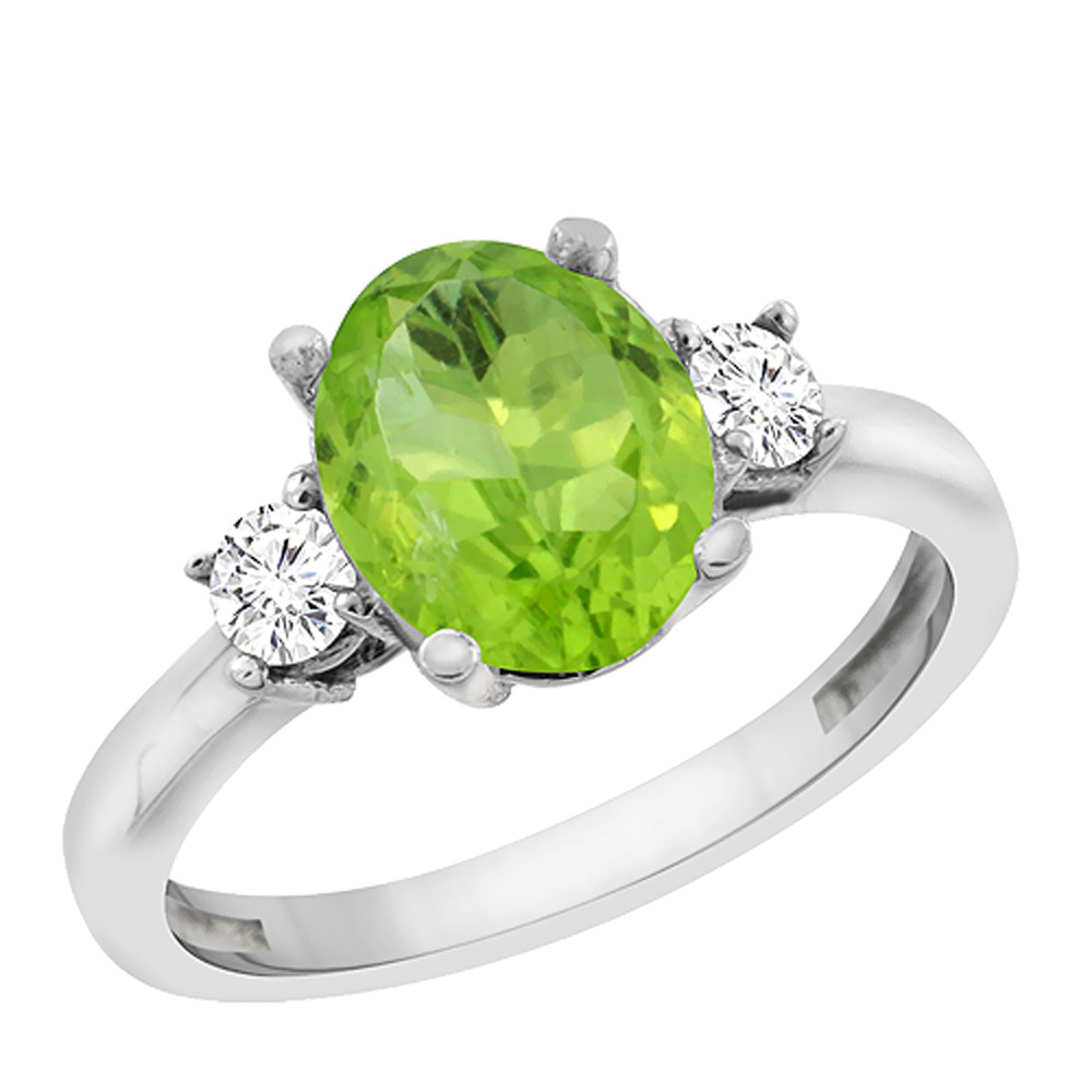 14K White Gold Natural Peridot Engagement Ring Oval 10x8 mm Diamond Sides, sizes 5 - 10