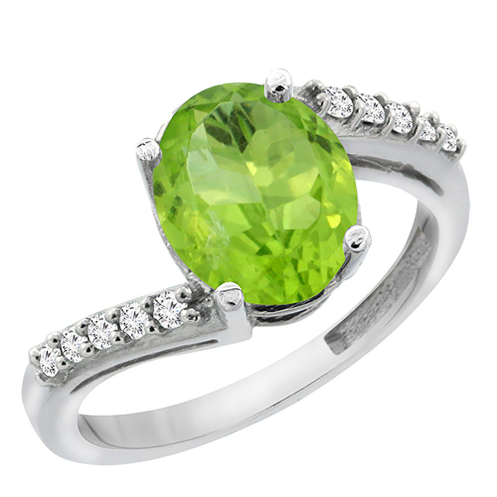 10K White Gold Diamond Natural Peridot Engagement Ring Oval 10x8mm, sizes 5-10