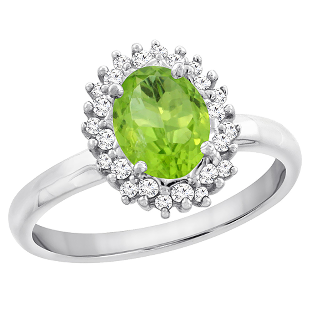 10K Yellow Gold Diamond Natural Peridot Engagement Ring Oval 7x5mm, sizes 5 - 10